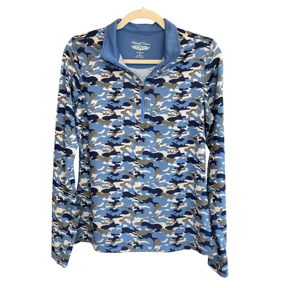 Straight Down Women’s 1/4 Zip Pullover Top Blue Camo Small Golf Tennis Active